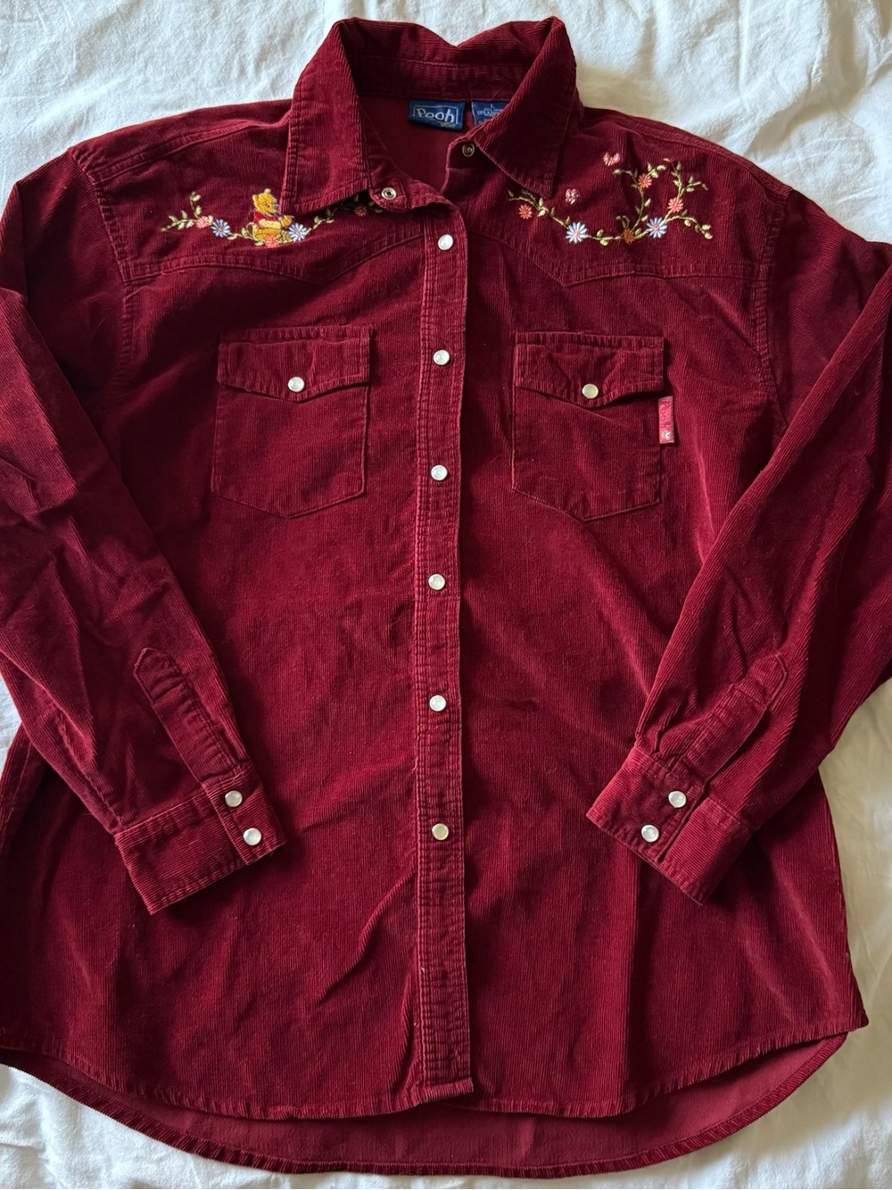 Vintage 90s Disney Women's Burgundy Corduroy Button-Down with Floral Embroidery